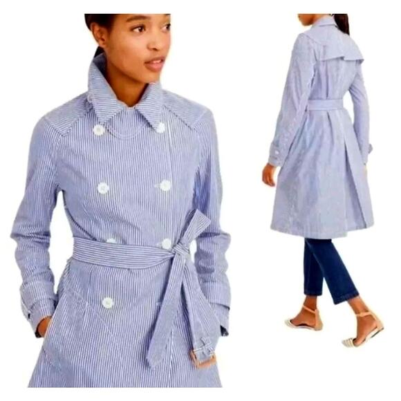 J.Crew NWT Sz4 Double Breasted Trench Coat. Cotton Blue n White Stripes. Spring‎ - Picture 2 of 15